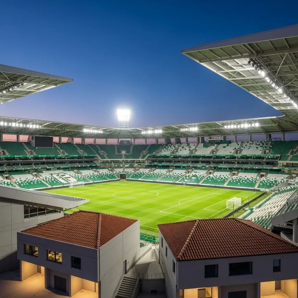 Aerial view of a football stadium under floodlights with green and white seats