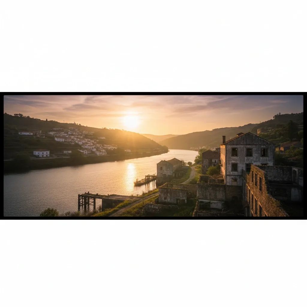 Scenic view of Portuguese Douro River valley with rural village and abandoned mining structures at sunset
