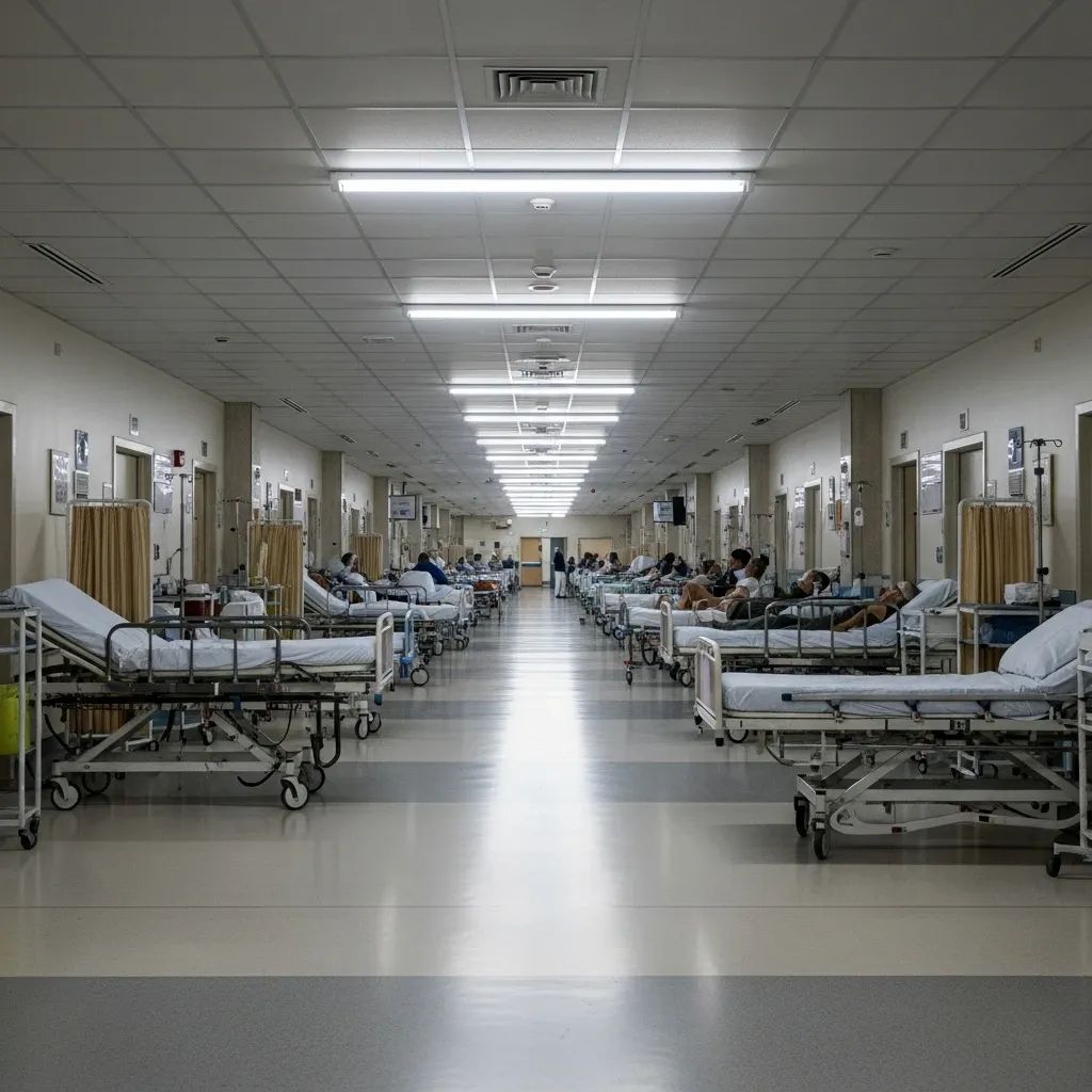 Overcrowded hospital corridor with beds and stretchers at a Portuguese hospital