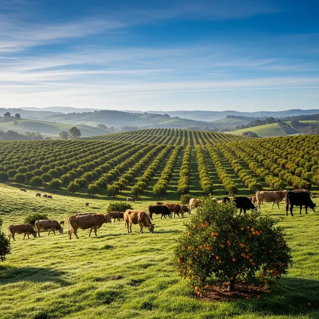 Portuguese farmland with grazing cattle and citrus trees under morning light