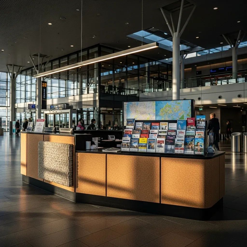 Beja Airport interior with Alentejo-themed welcome desk and tourism brochures