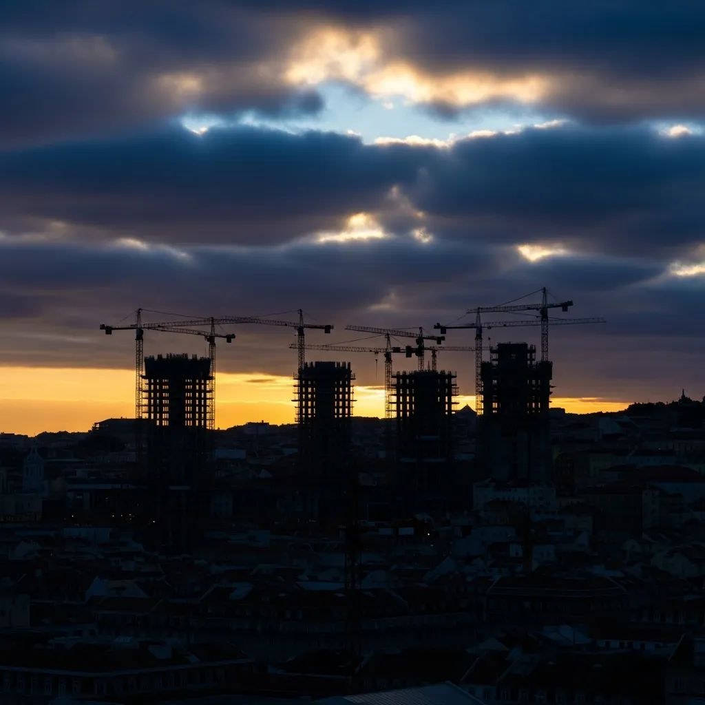 Construction cranes over Lisbon skyline symbolizing Portugal's housing shortage