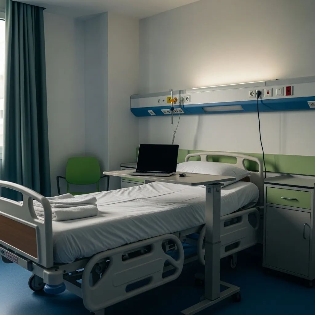 Empty hospital bed in a modern Portuguese hospital room with a laptop on a bedside table