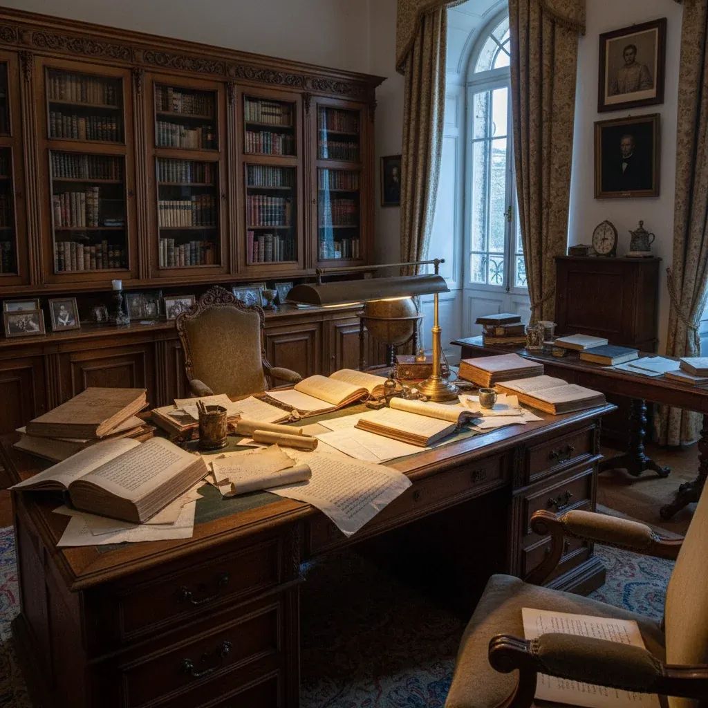 Literary study with open books and manuscripts honoring Portuguese writer António Lobo Antunes