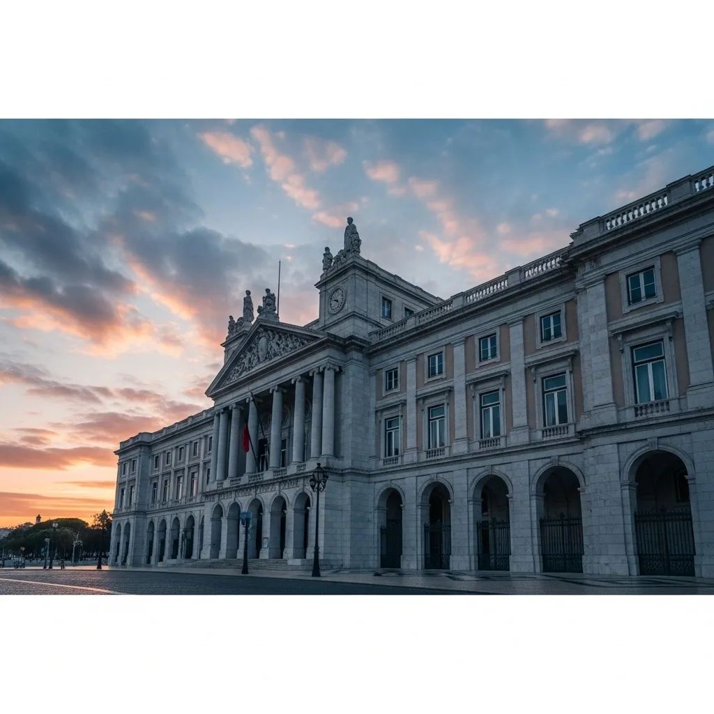 Portuguese Assembly building in Lisbon at sunrise under dramatic sky