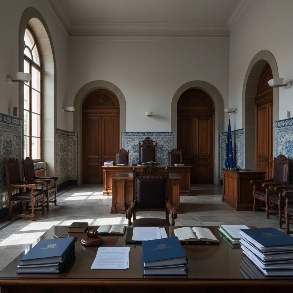 Portuguese courthouse interior showing legal documents and formal judicial setting