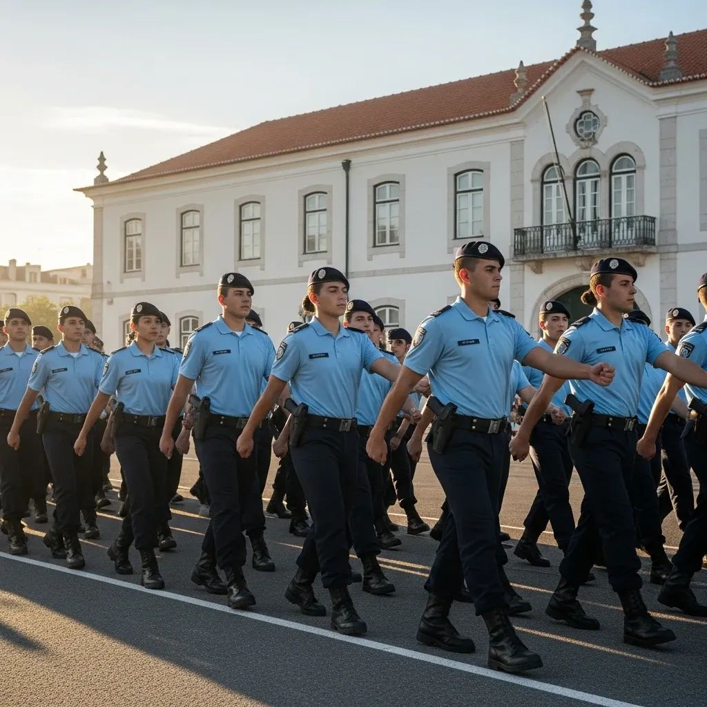 Police academy recruits marching in formation at a training ground