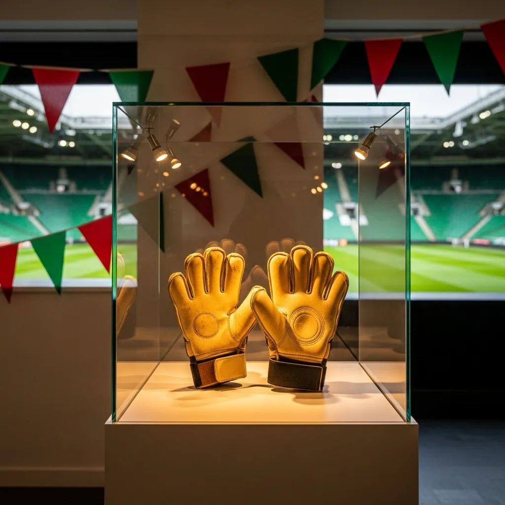 Goalkeeper gloves displayed in FPF museum exhibit with green and red bunting