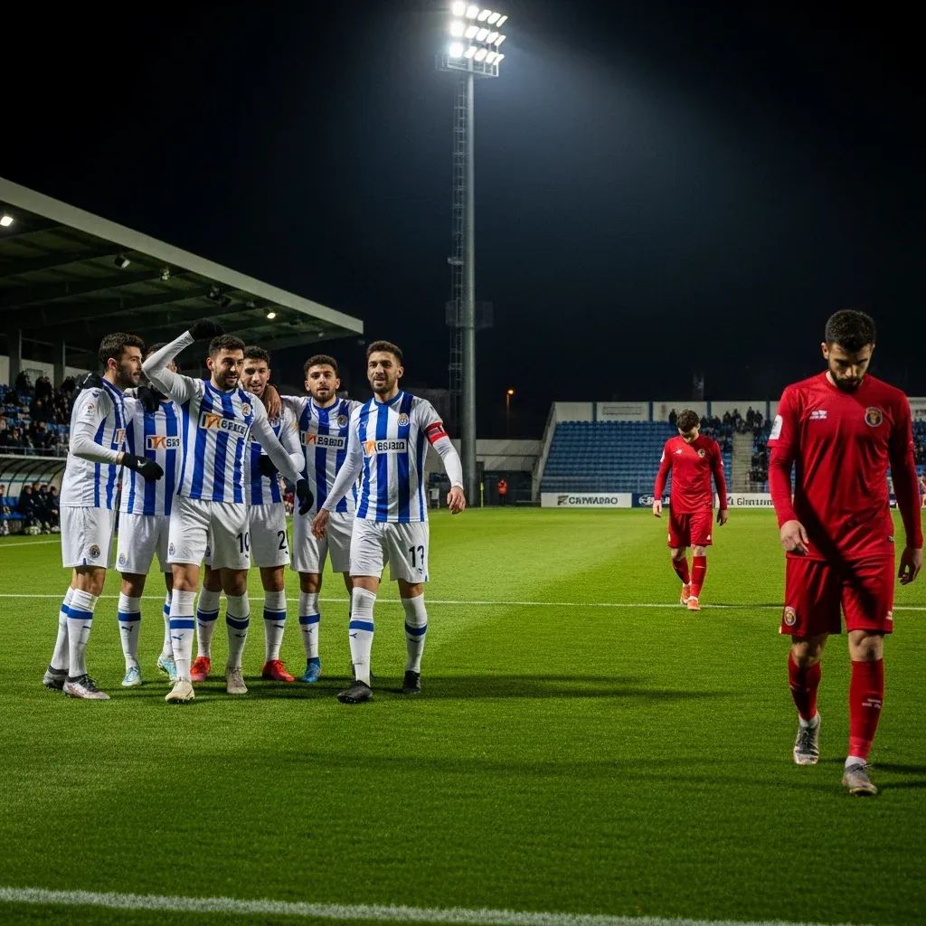 Fafe players celebrating a goal against Braga under floodlights in a small Portuguese stadium