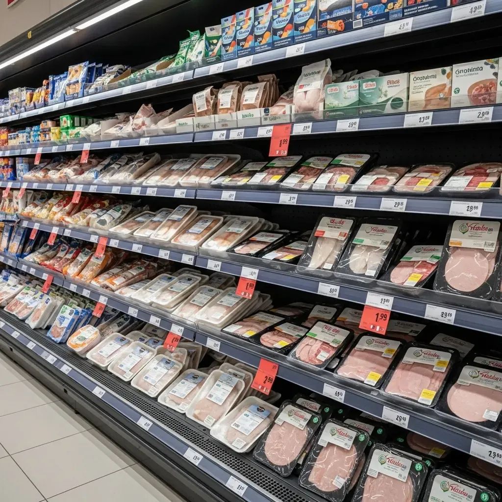 Portuguese supermarket aisle showing frozen cod fillets and packaged turkey cuts with price labels