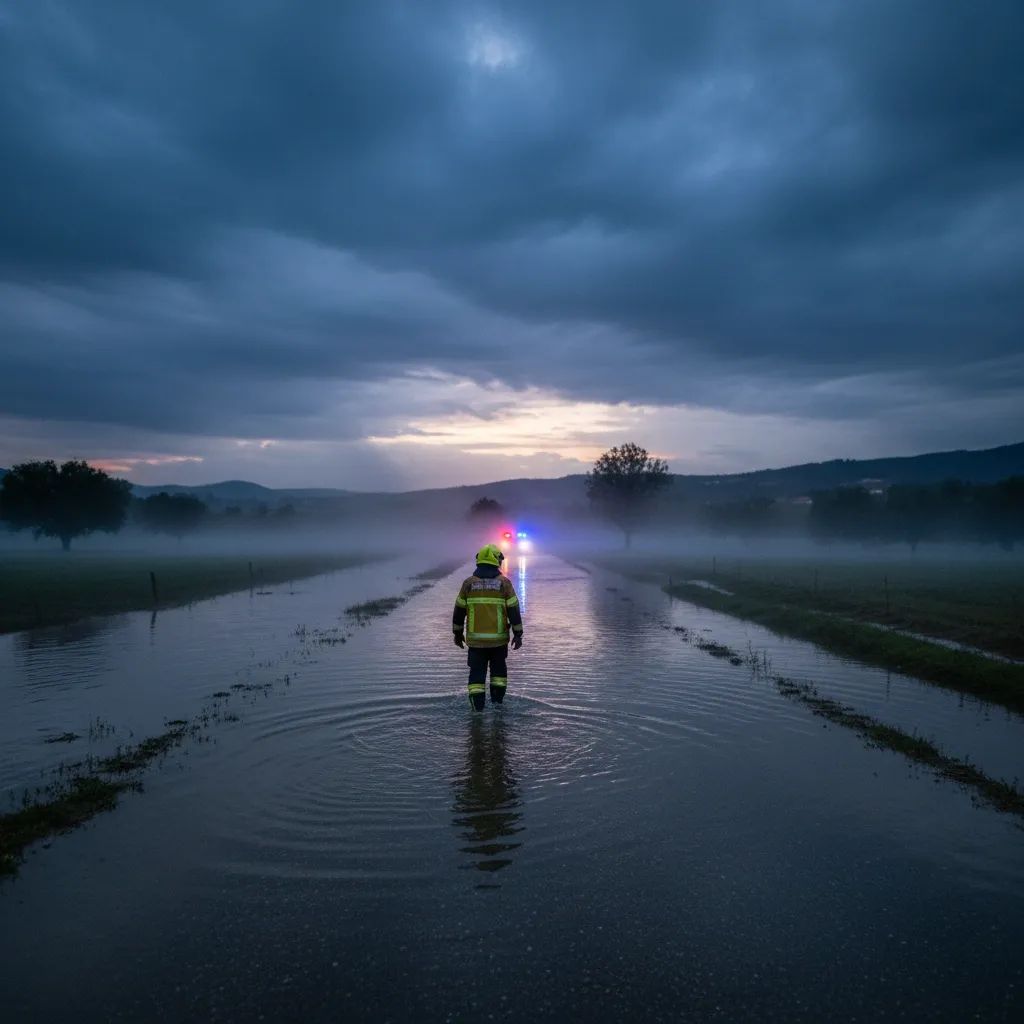 Firefighter wades through knee-deep floodwater on a rural Portuguese road during Storm Marta