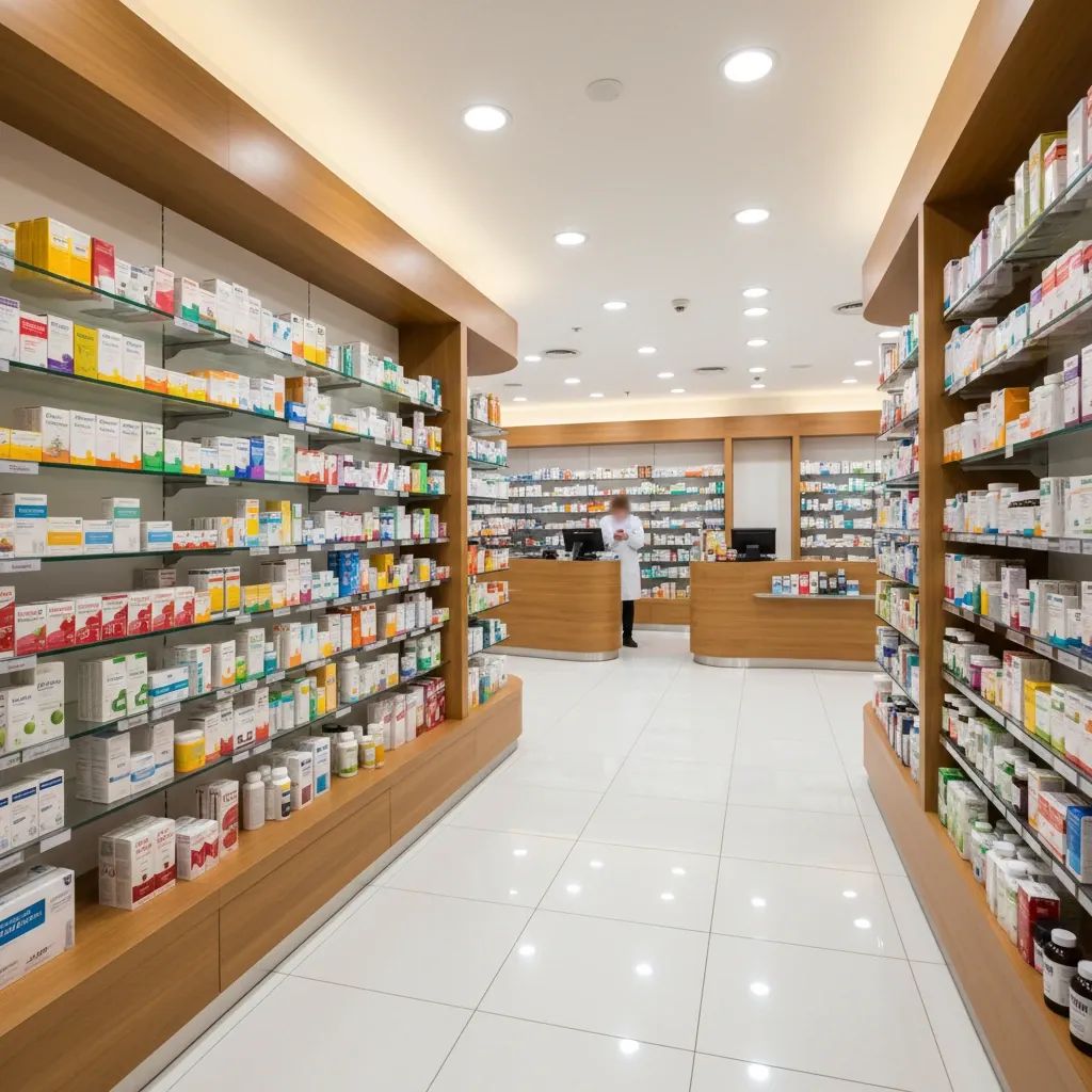 Portuguese pharmacy counter with medication bottles and supplies organized on shelves