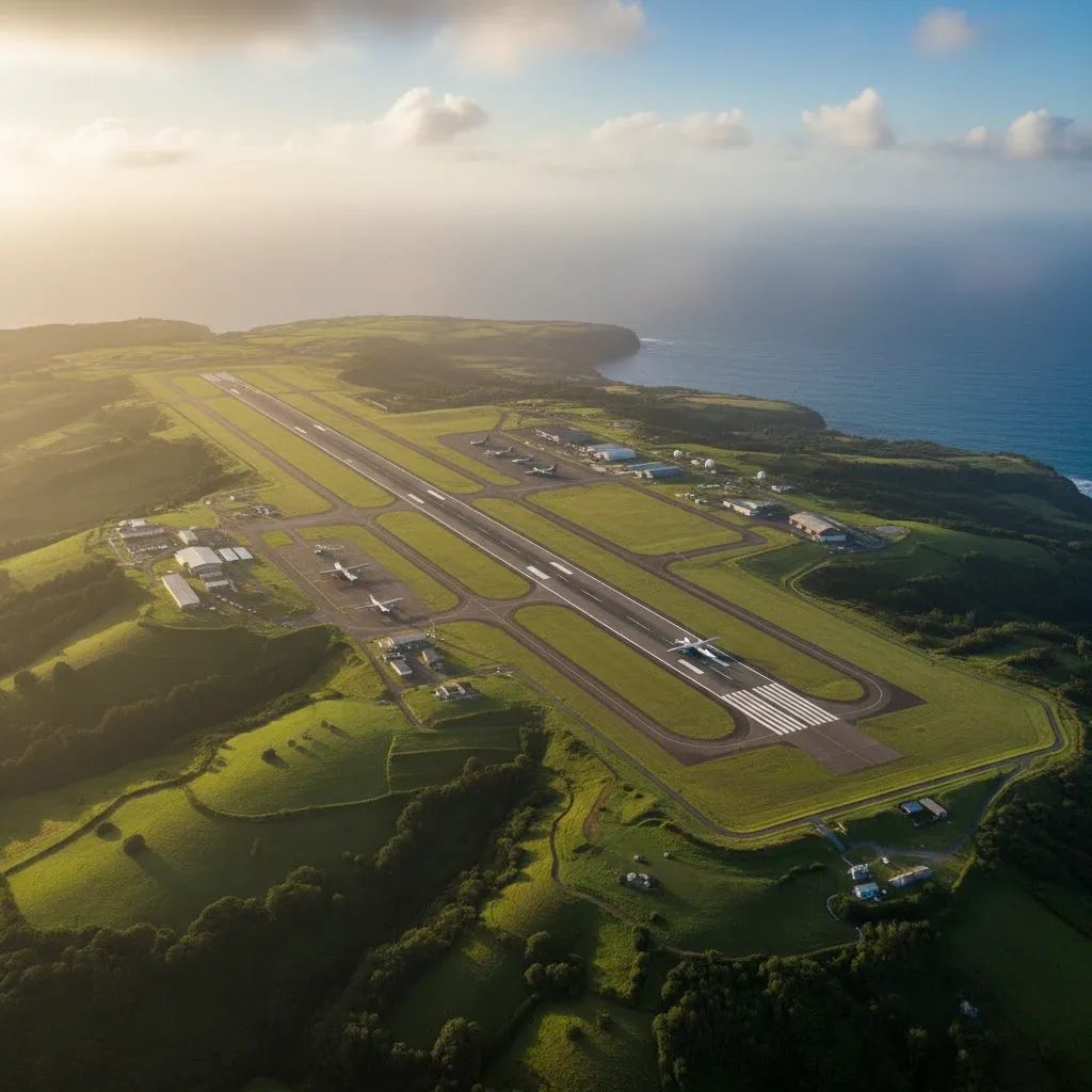 Aerial view of Lajes Air Base in the Azores with runways and Atlantic coastline visible