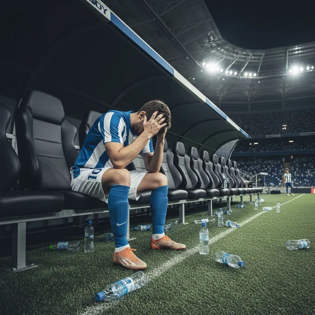 Frustrated footballer on substitutes bench during Serie A match showing emotional reaction