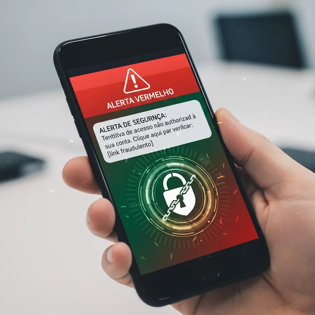 Smartphone displaying suspicious SMS scam message with cybersecurity warning alert overlay