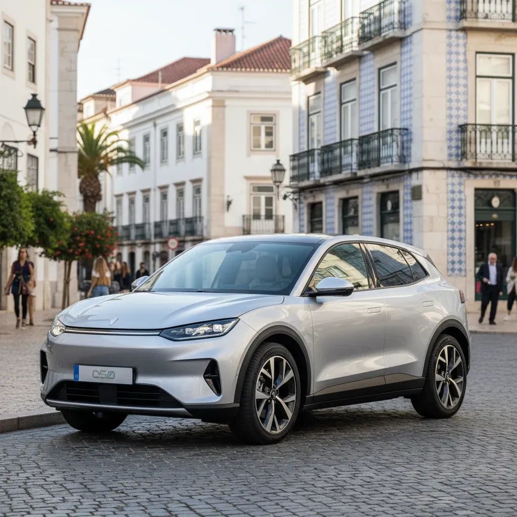 Modern compact electric SUV shown in three-quarter view on a contemporary European urban street setting