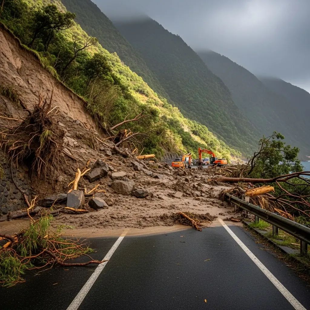 Madeira coastal road blocked by fallen trees and mudslide after storm Francis