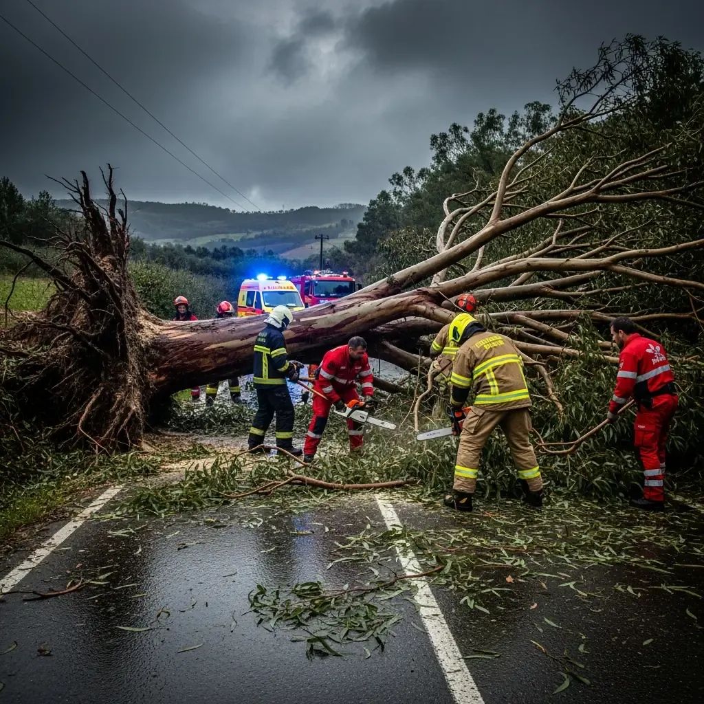 Firefighters clearing a fallen tree from a Portuguese road during Storm Kristin