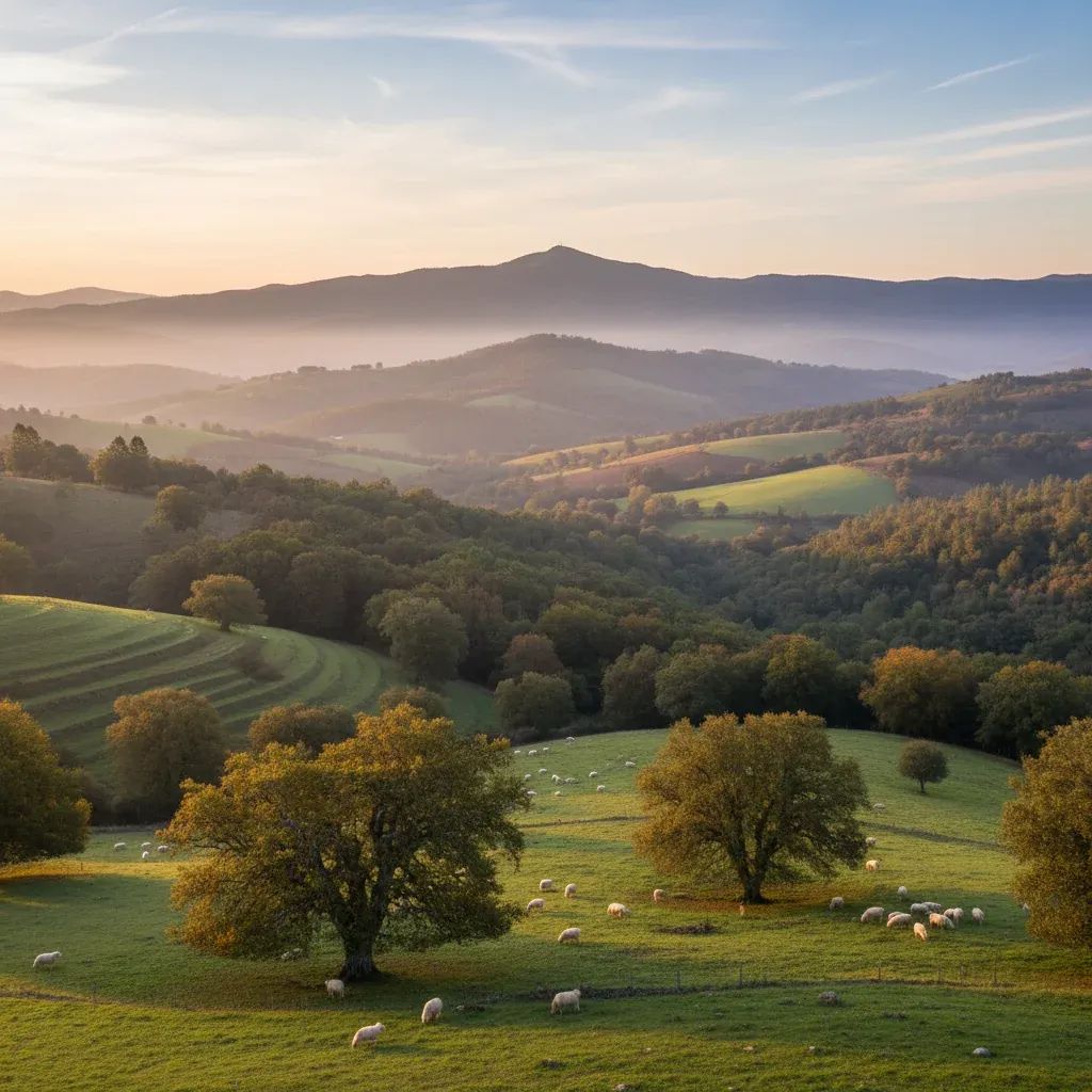 Scenic view of Gardunha Mountains with mixed forests and grazing sheep under soft morning light