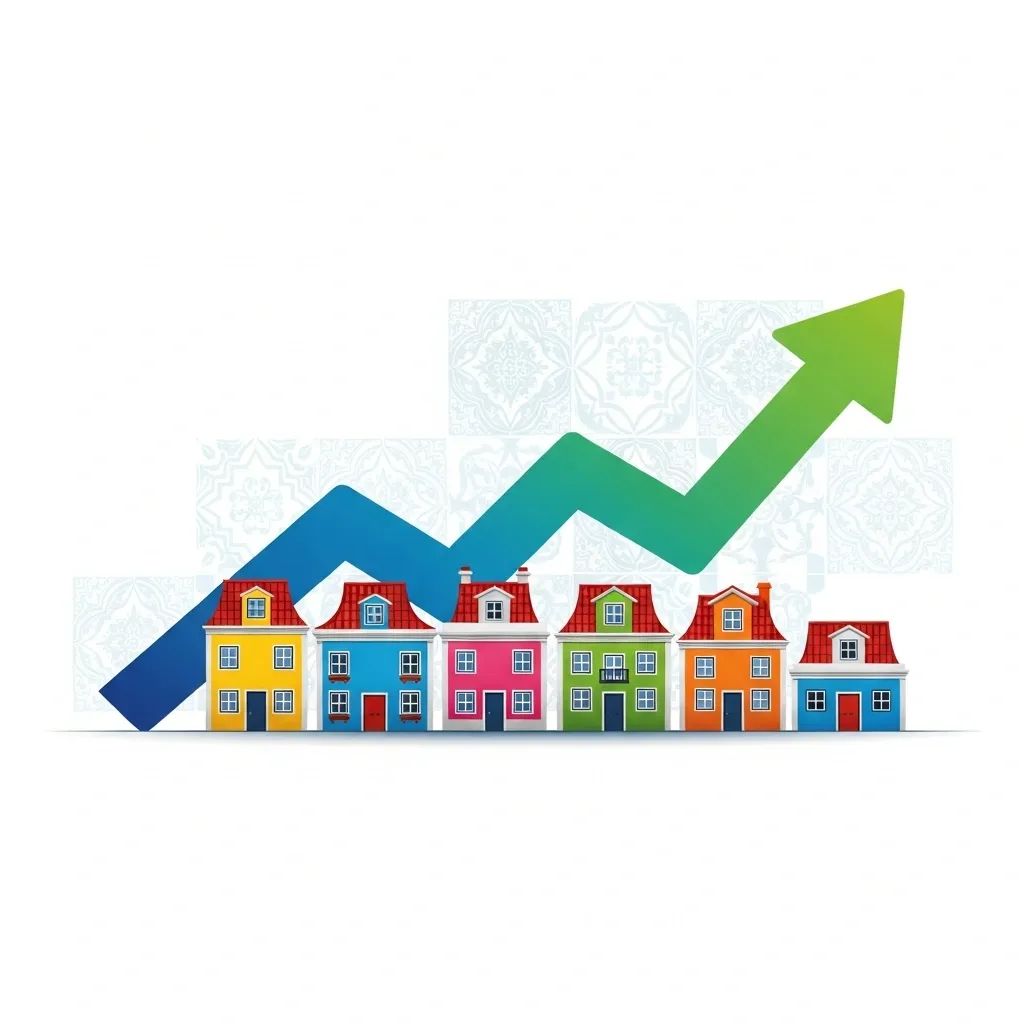 Stylized row of Portuguese houses with an upward arrow graph showing home price surge
