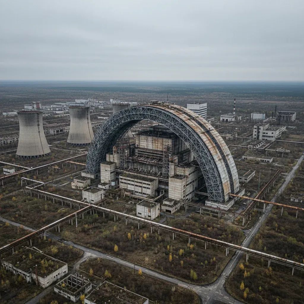 Aerial view of Chernobyl nuclear facility showing the protective metal arch containment structure