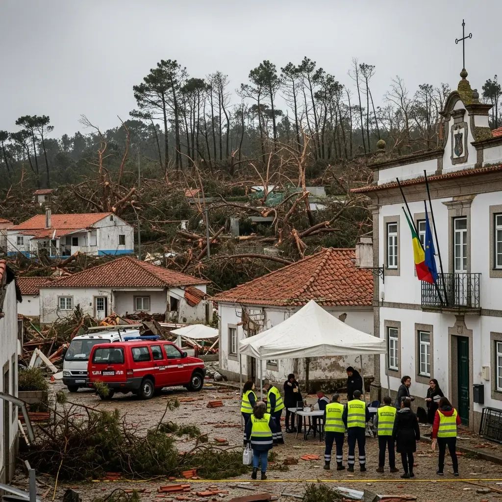 Storm-damaged Leiria street with uprooted trees and officials setting up an aid desk