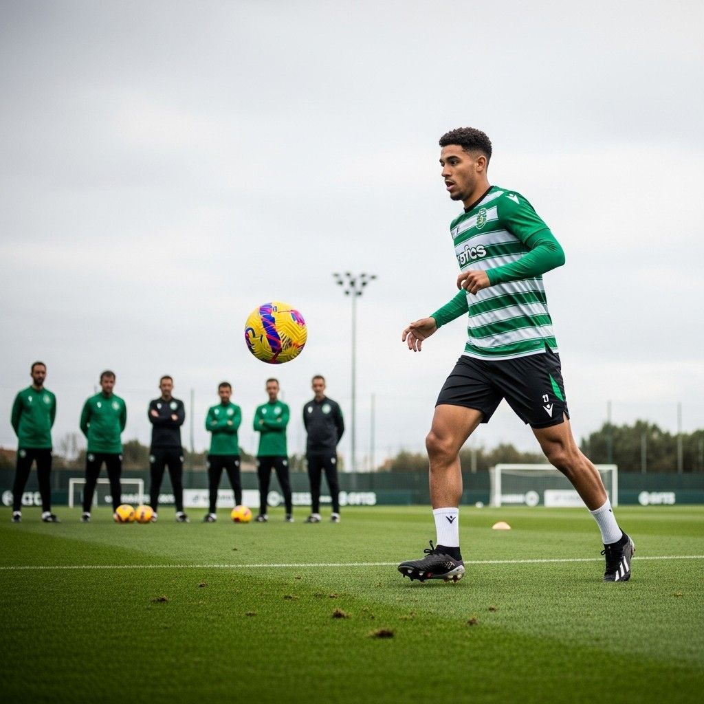 Sporting CP midfielder practicing on Alcochete training pitch in green and white kit
