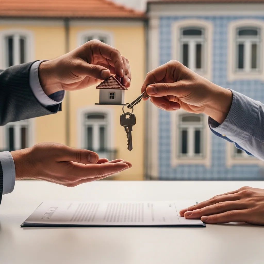 Two hands exchanging a model house and keys over a contract with a blurred Portuguese apartment building in the background