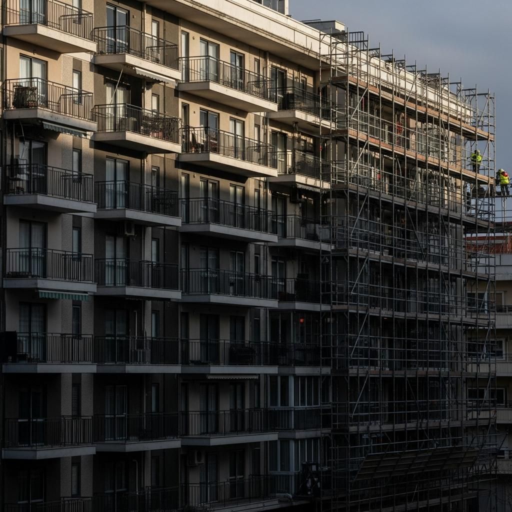 Urban Portuguese apartment building under renovation with scaffolding and empty balconies