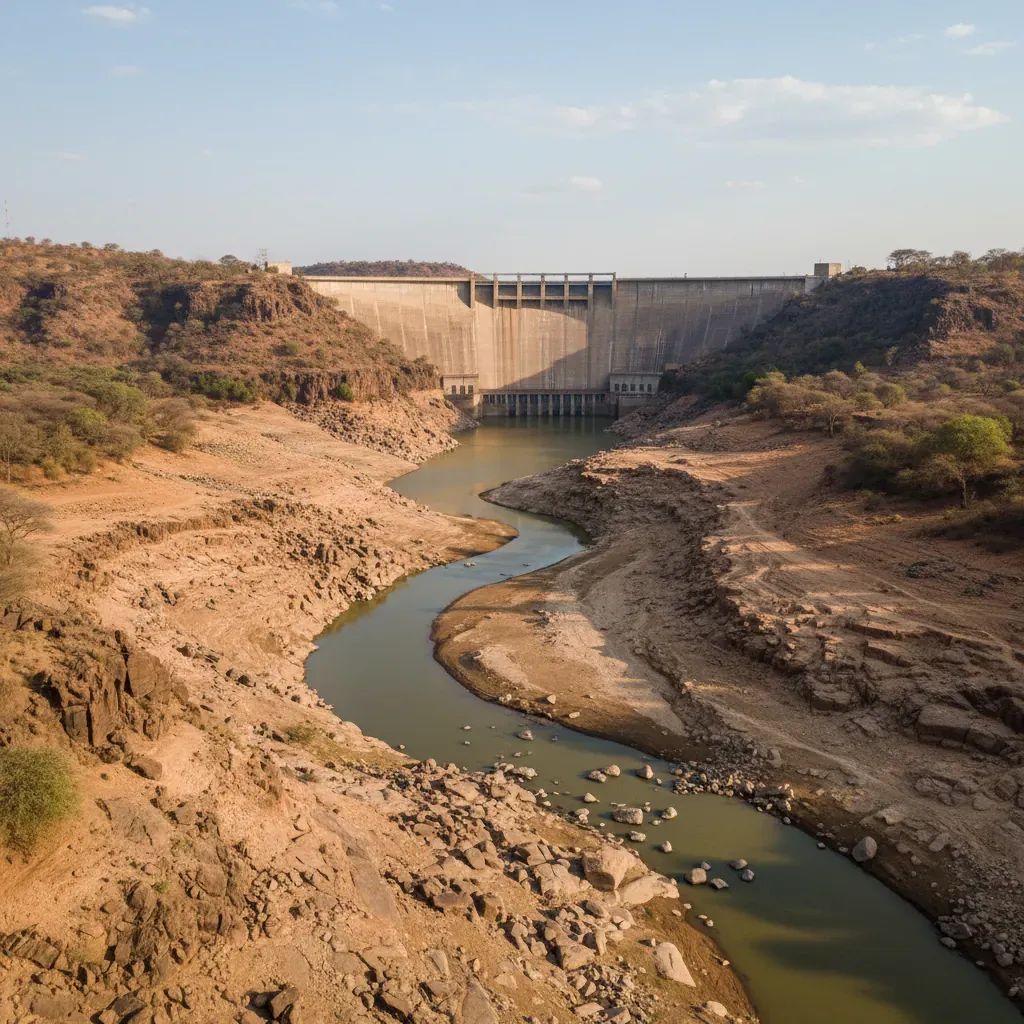 Cahora Bassa hydroelectric dam in Mozambique showing reduced water levels during severe drought conditions