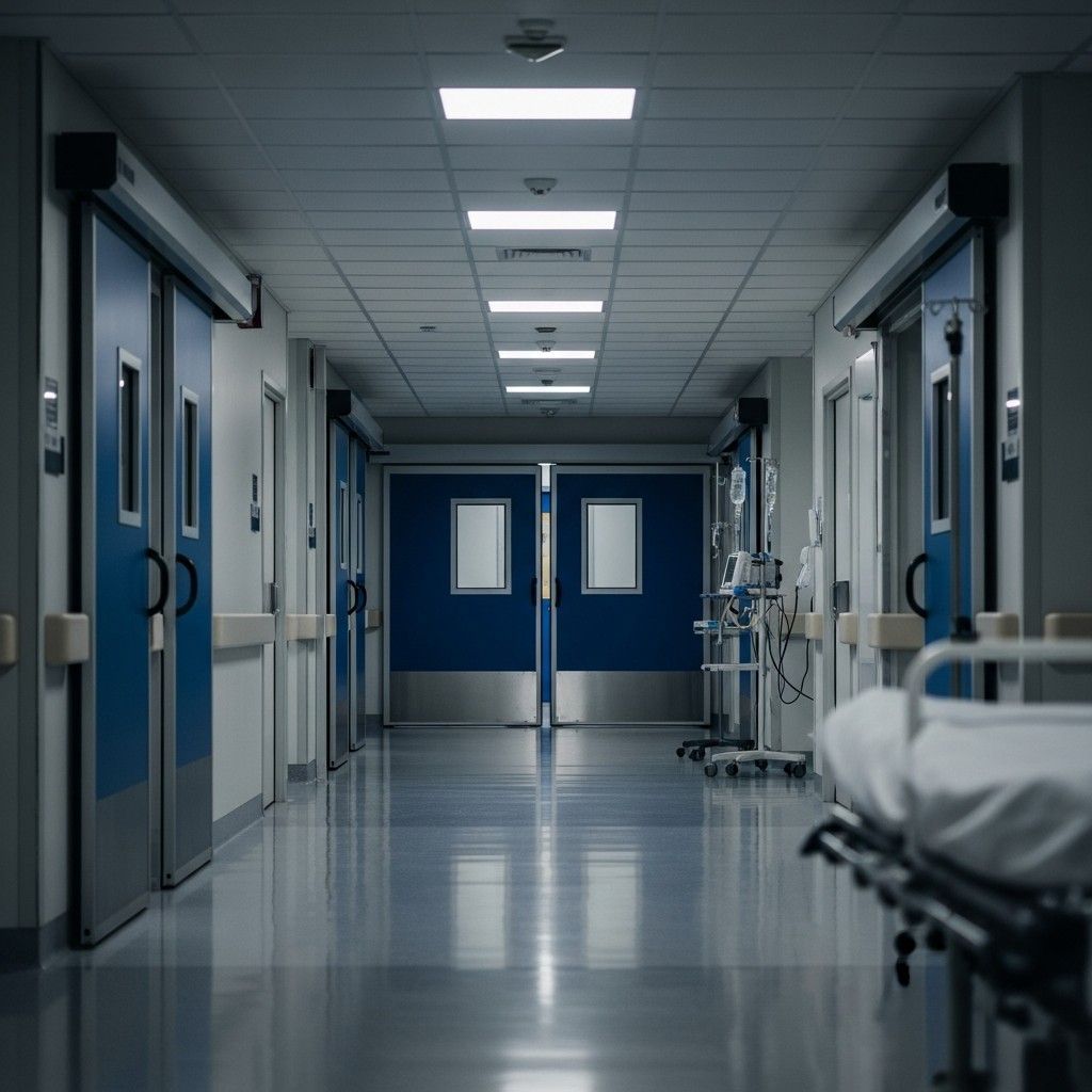 Empty hospital corridor with operating theatre doors illustrating surgical delays