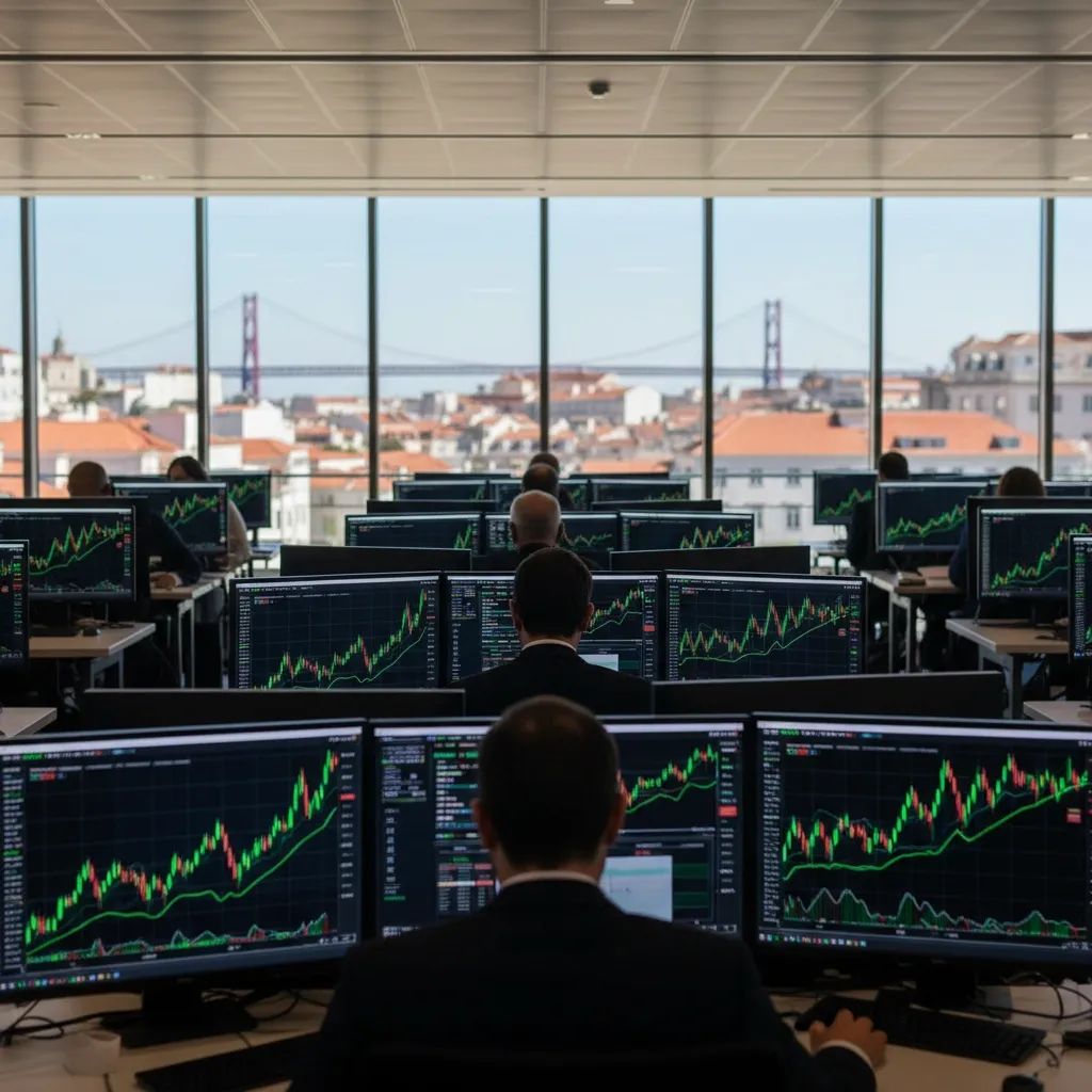 Trading floor screens showing rising stock charts with Lisbon skyline in the background