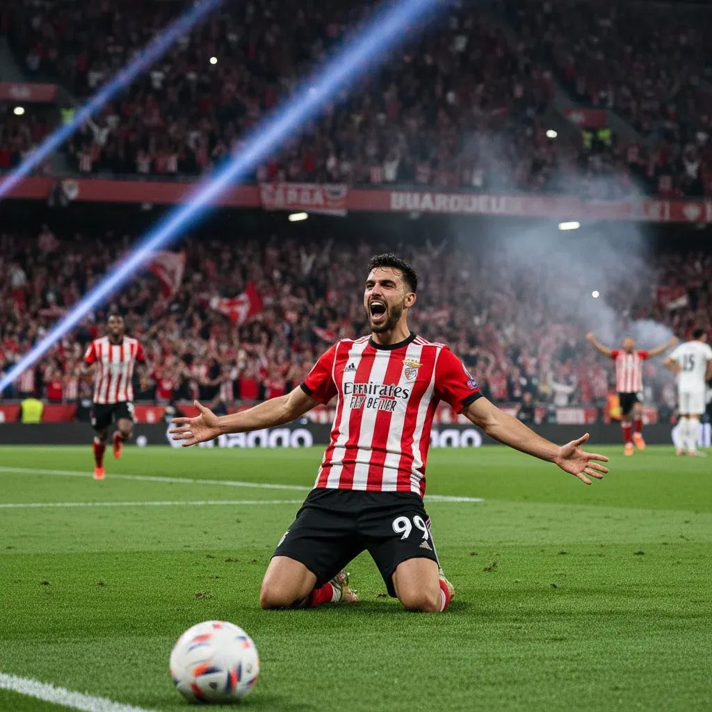 Benfica striker celebrating goal during Champions League match at Estádio da Luz in Lisbon