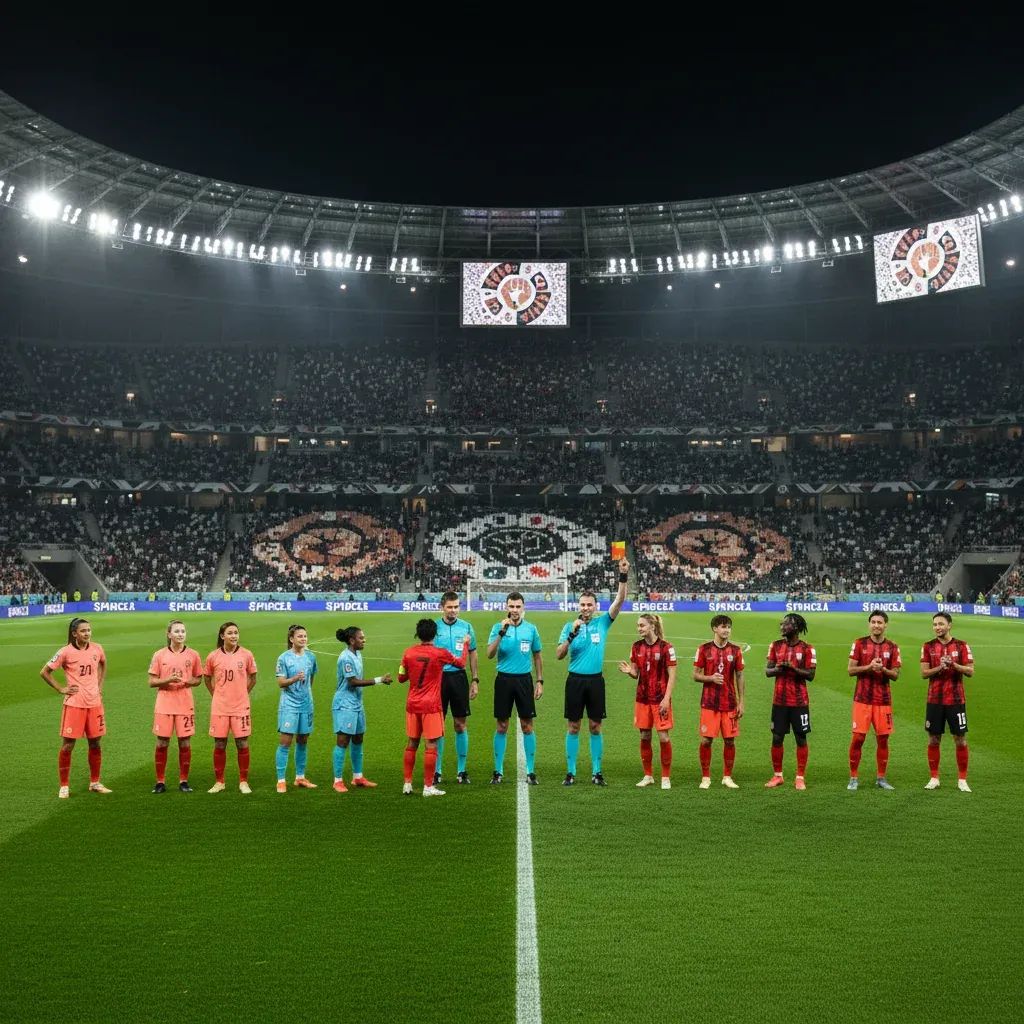 Football stadium scene with referee and players during match, representing UEFA anti-racism protocols in action