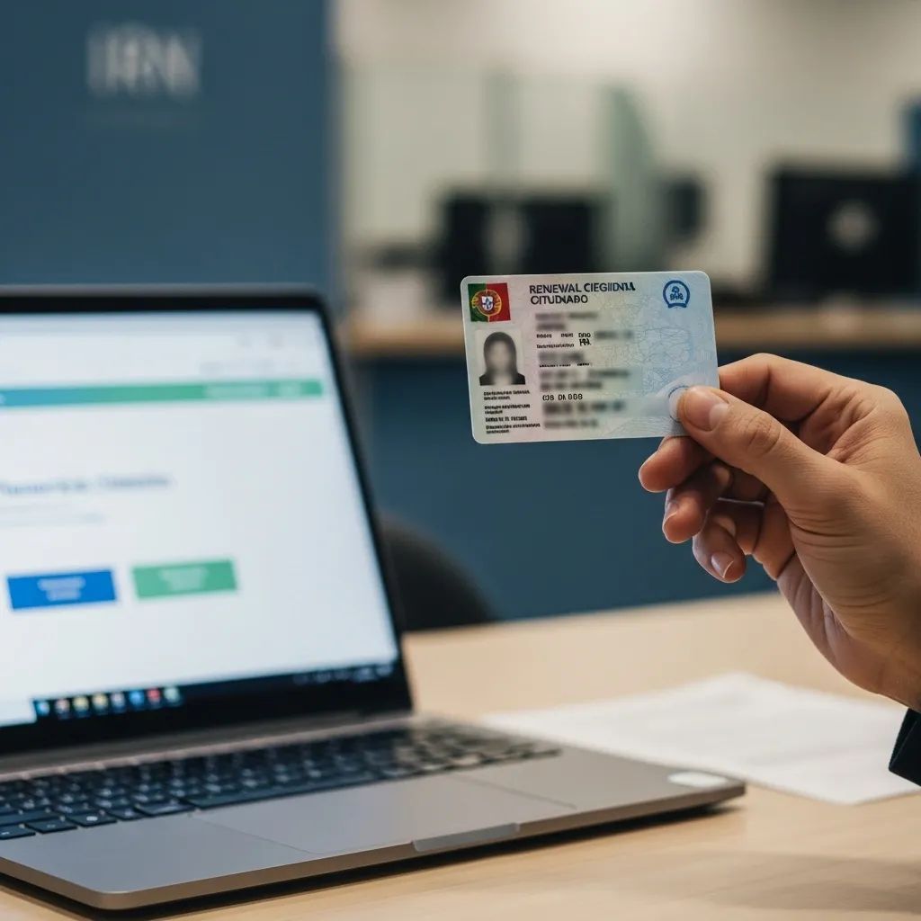 Hand holding a Portuguese ID card over a desk with a laptop in a blurred office background