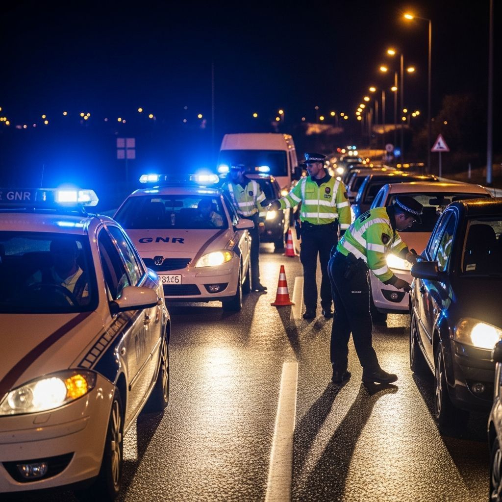 Nighttime roadside security checkpoint in Portugal with police cars and officers inspecting vehicles