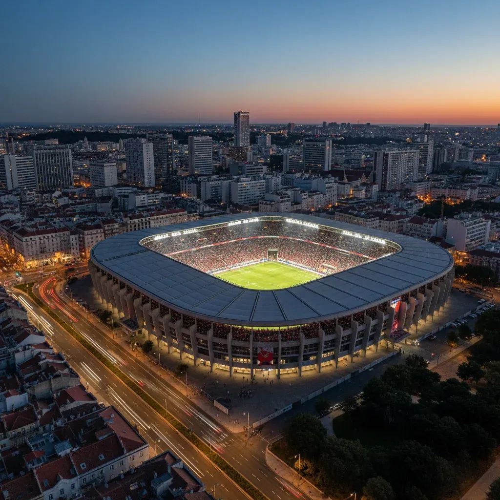 Aerial night view of a packed Lisbon football stadium glowing under floodlights amid the city skyline