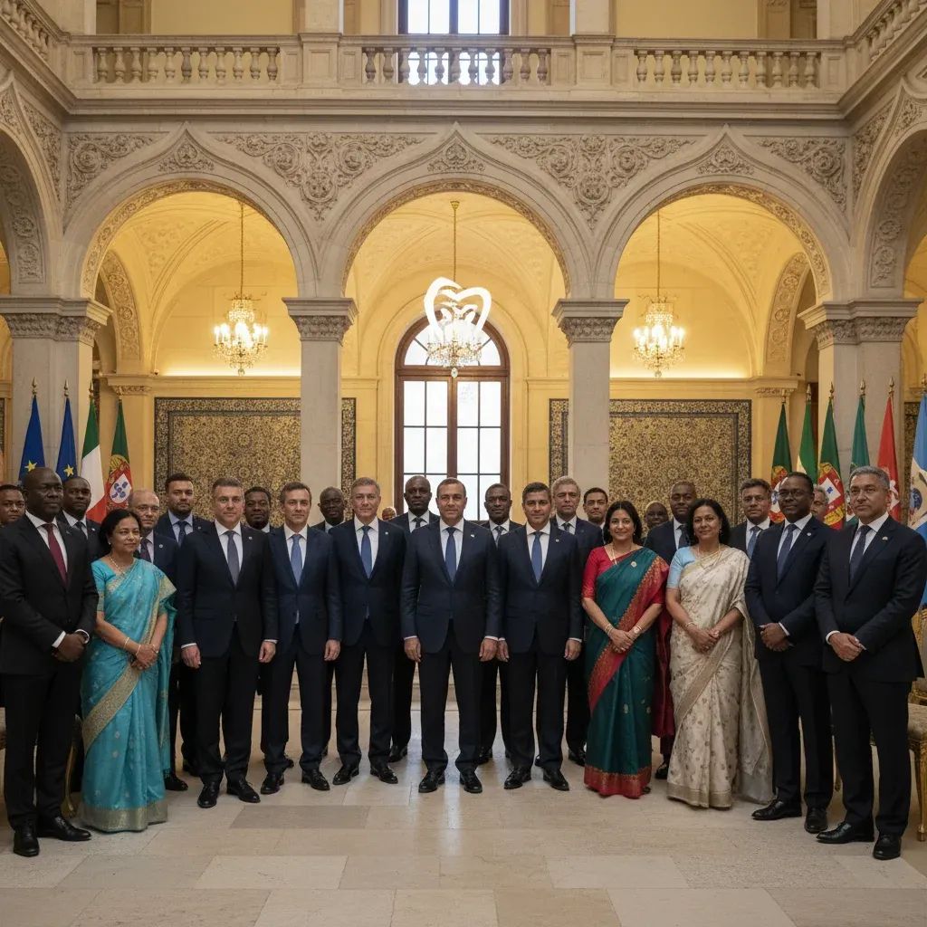 International delegation of heads of state gathered at Portuguese government palace for presidential inauguration ceremony