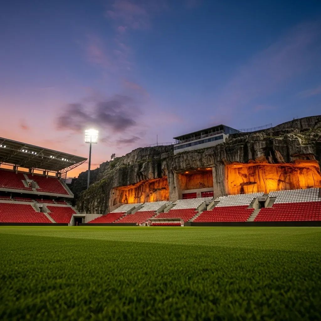 Exterior view of Estádio Municipal de Braga lit at dusk before match