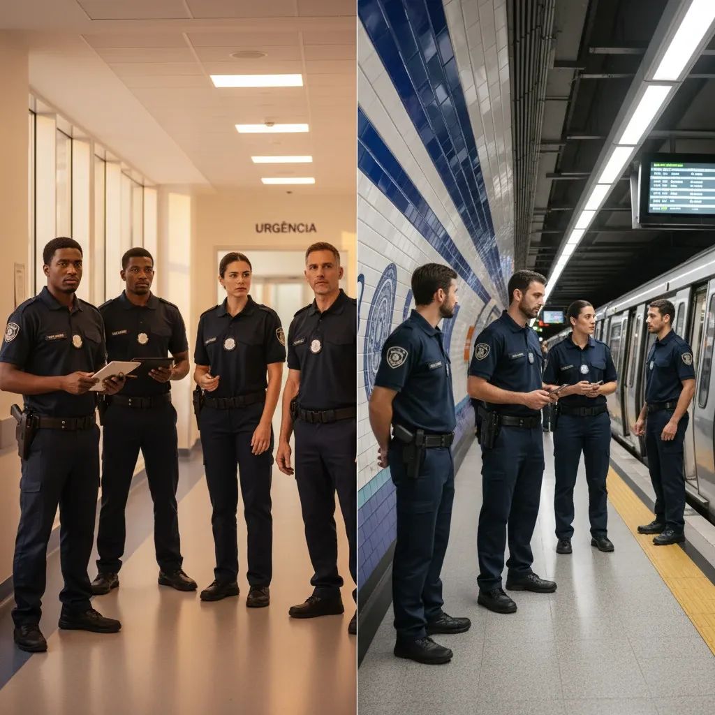 Security guards in uniform standing in hospital and transit environments, representing workplace protection issues