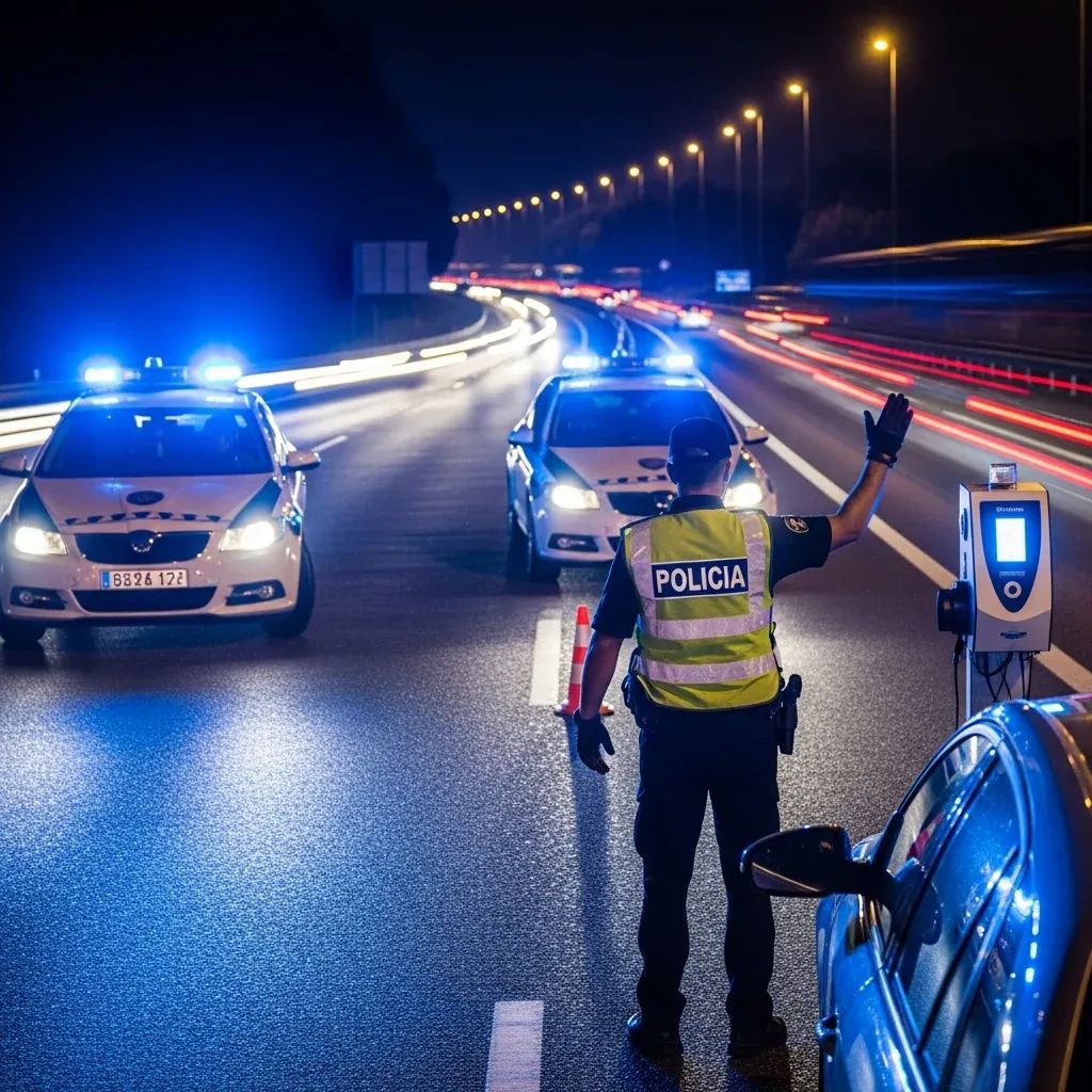 Nighttime Portuguese highway checkpoint with police patrol cars and officer stopping a vehicle