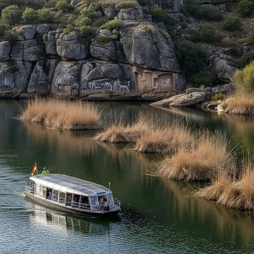 Côa Valley river with electric boat passing floating reed islands and prehistoric rock art panels