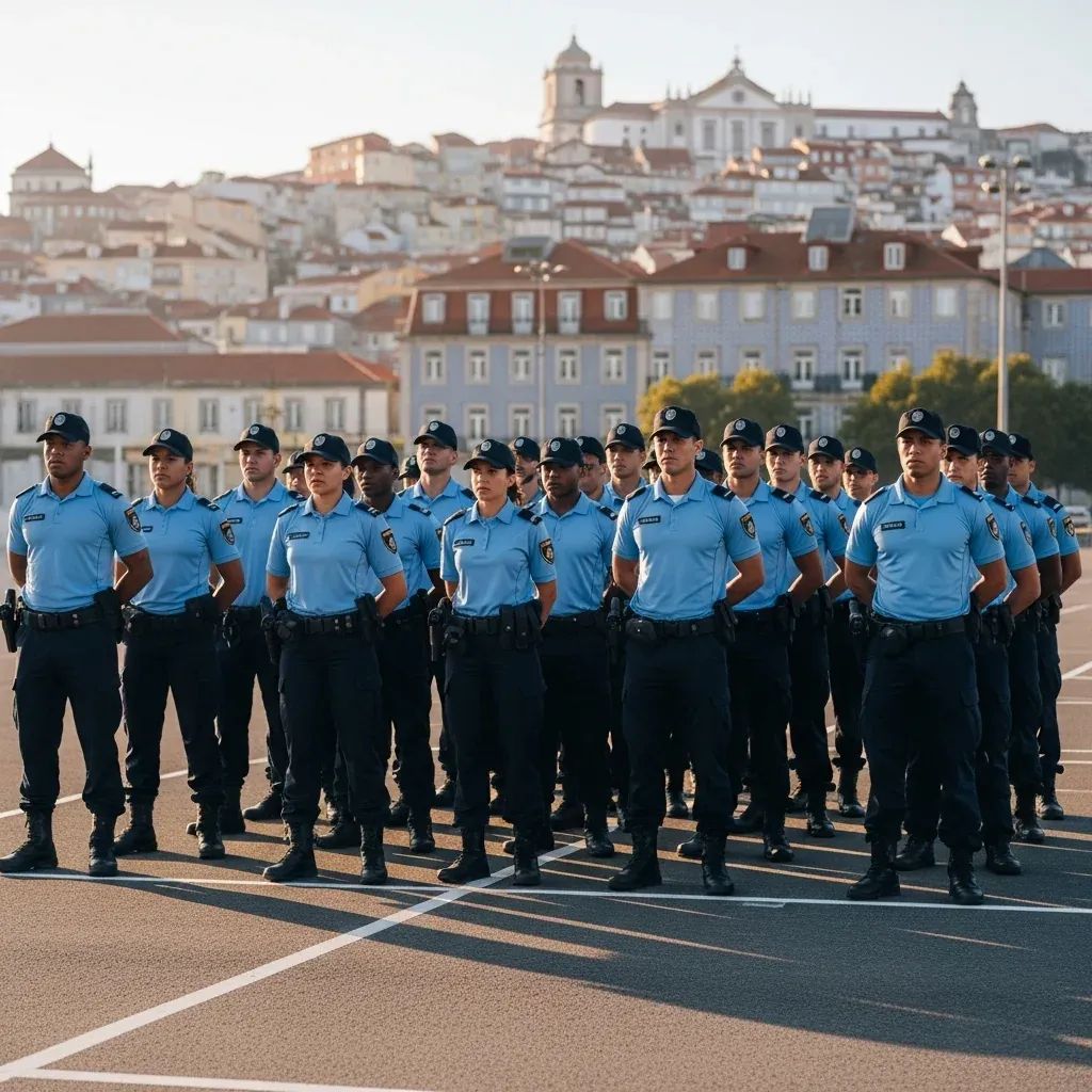 Trainee PSP officers standing in formation on a Portuguese police training ground