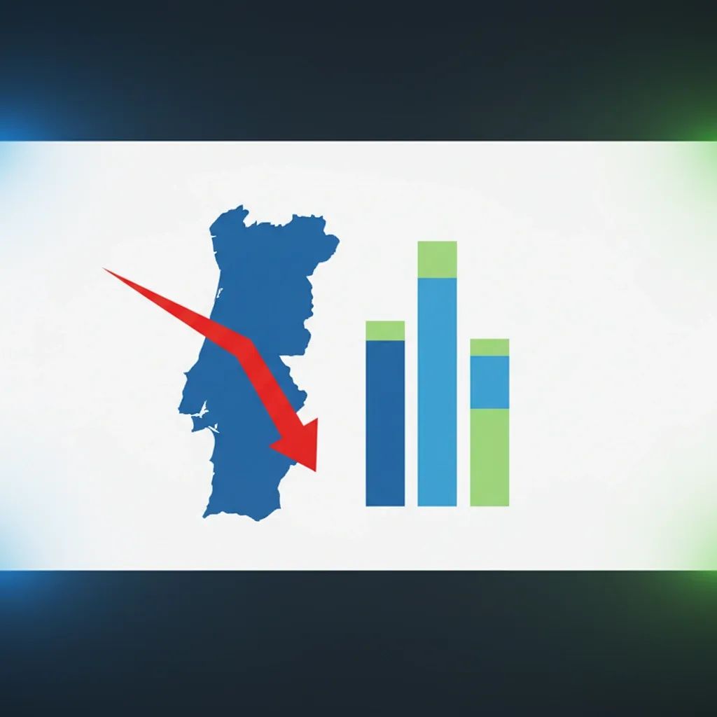Infographic of Portugal map with downward arrow and union membership bar chart icons