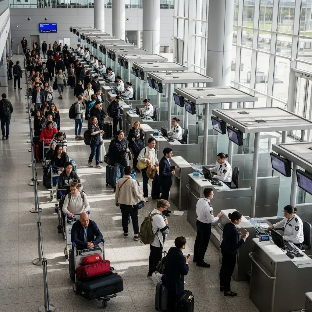 Passengers queuing at passport control desks in Lisbon airport arrivals hall