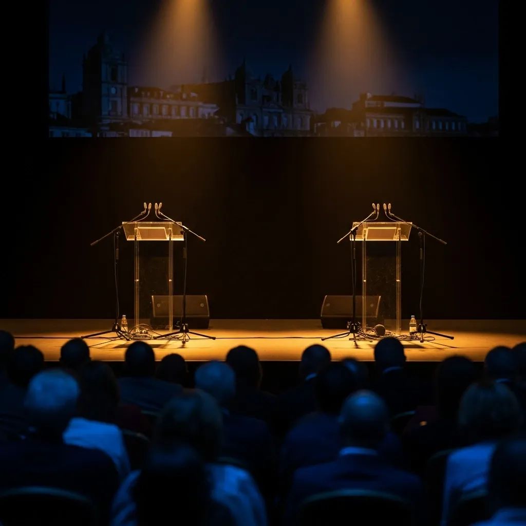Empty podiums with microphones before a blurred audience at a Portuguese political debate