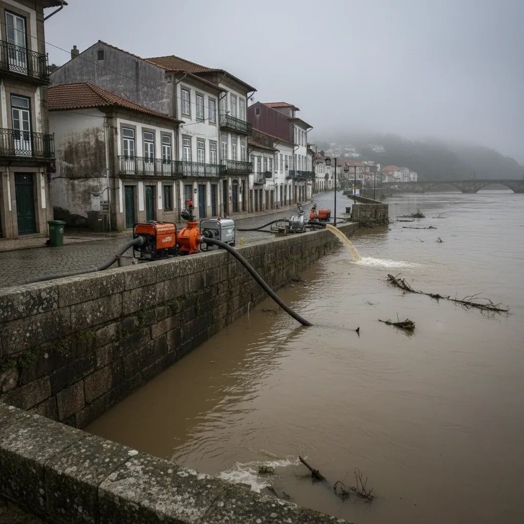 Floodwater overtopping a stone embankment and submerging a Portuguese riverside street in Alcobaça
