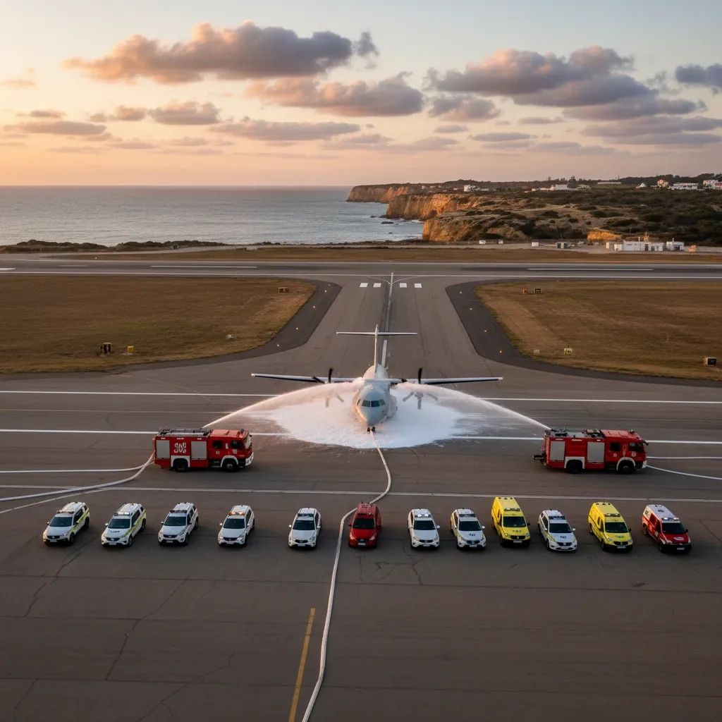 Emergency safety drill at Alvor Aerodrome with transport plane and fire trucks on runway