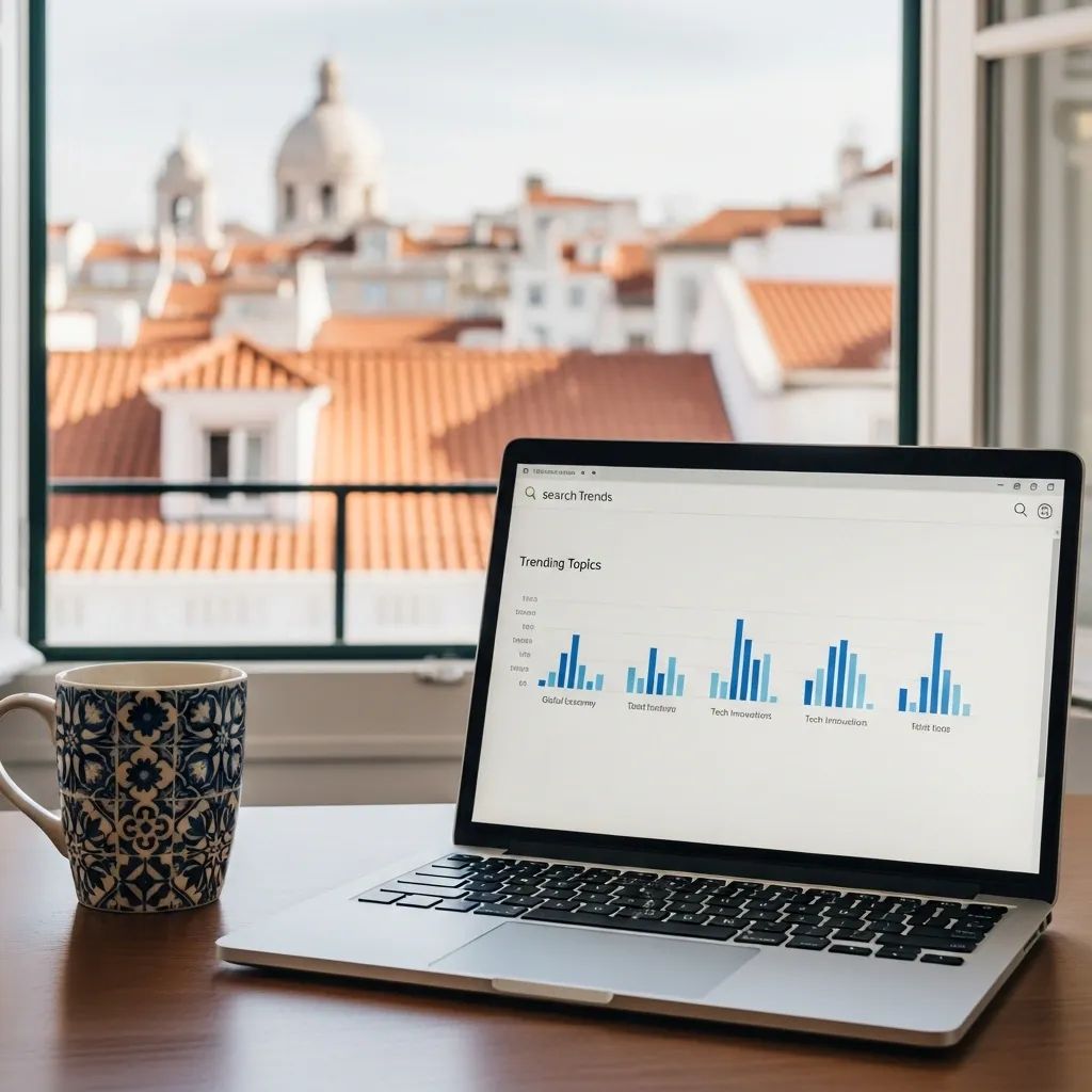 Workspace with laptop displaying search trends and Lisbon skyline through a window