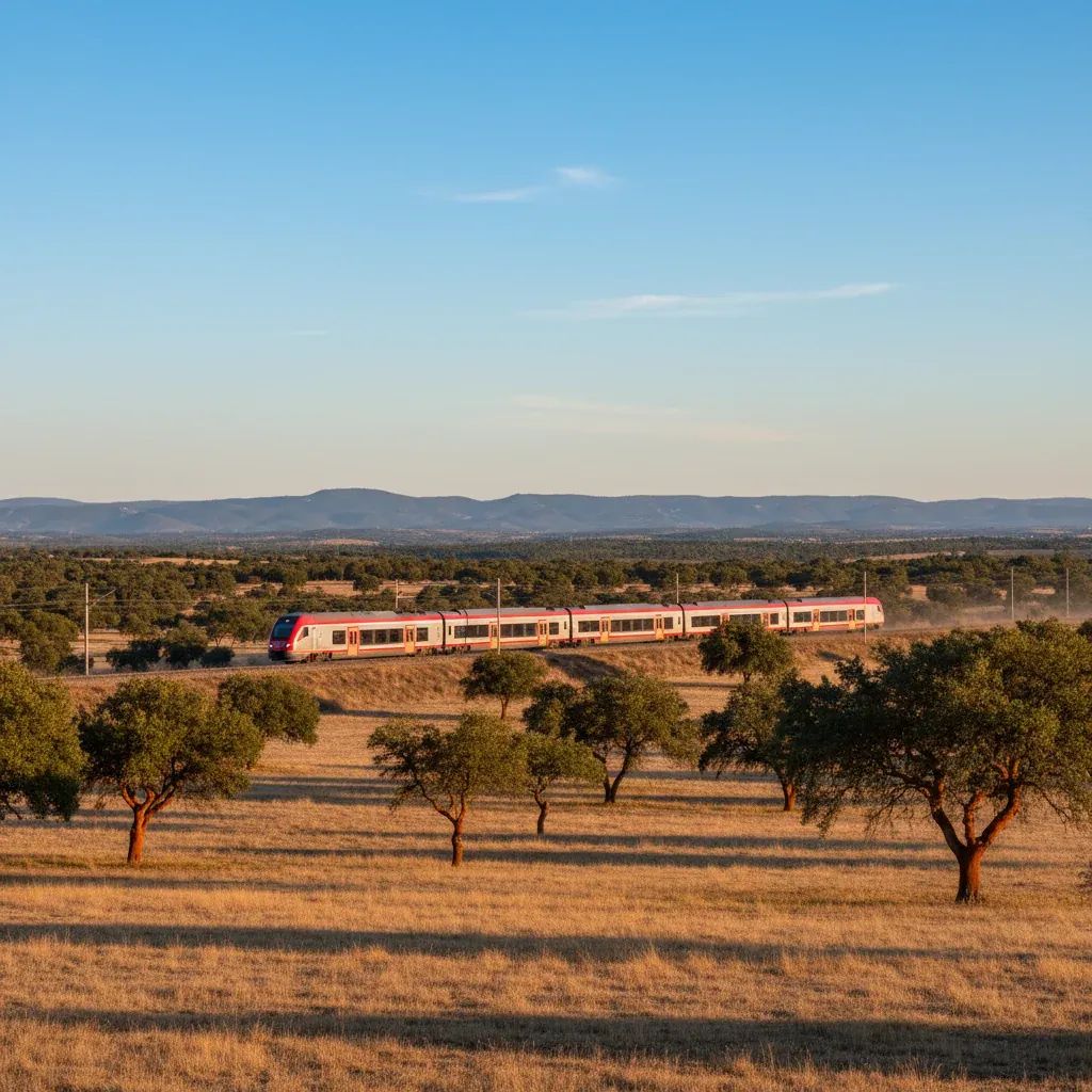 Long-distance train gliding through cork oak countryside on Portugal’s Linha do Sul after storm repairs